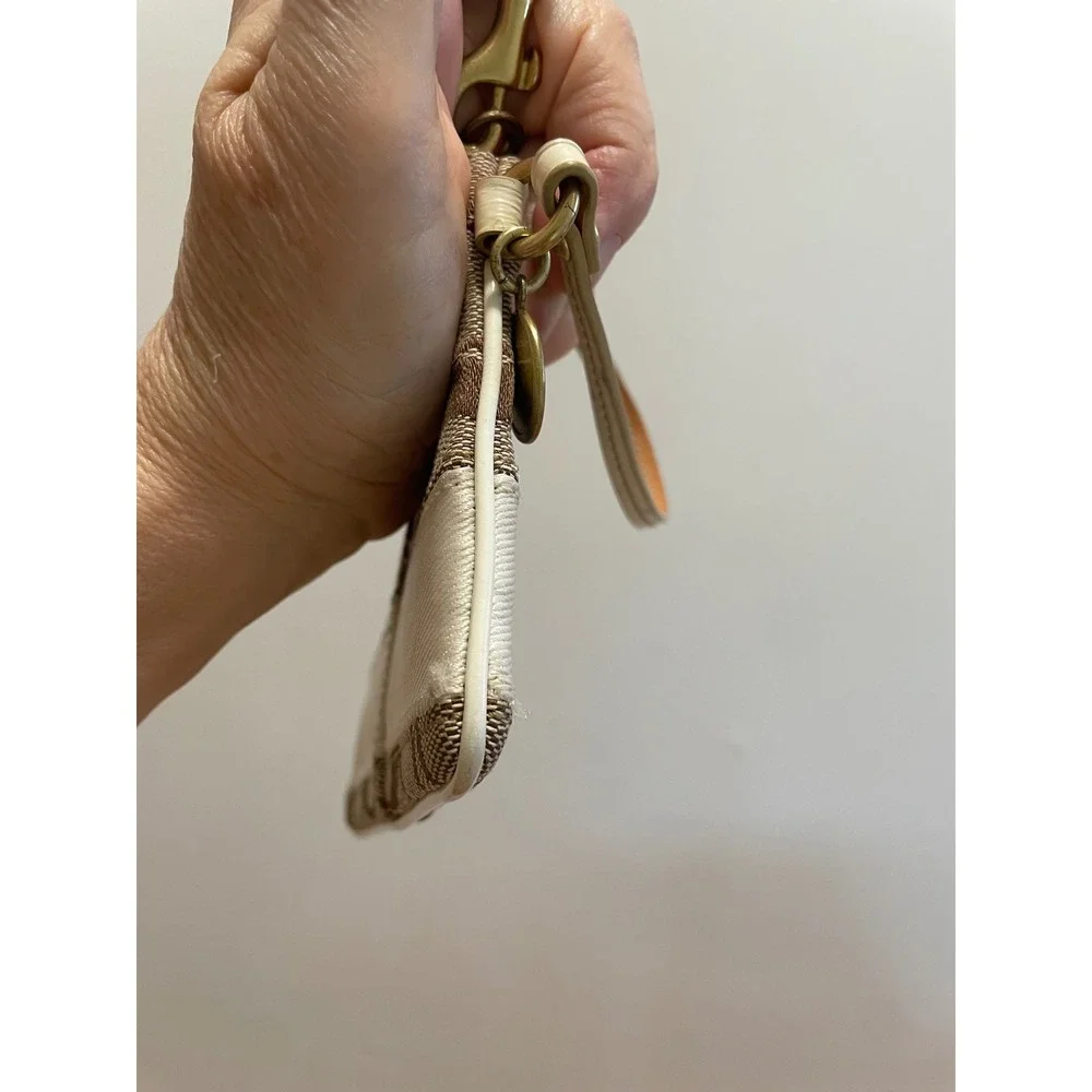 Coach Vintage Small Wristlet Signature Canvas Brown Cream Brass Charm 40028